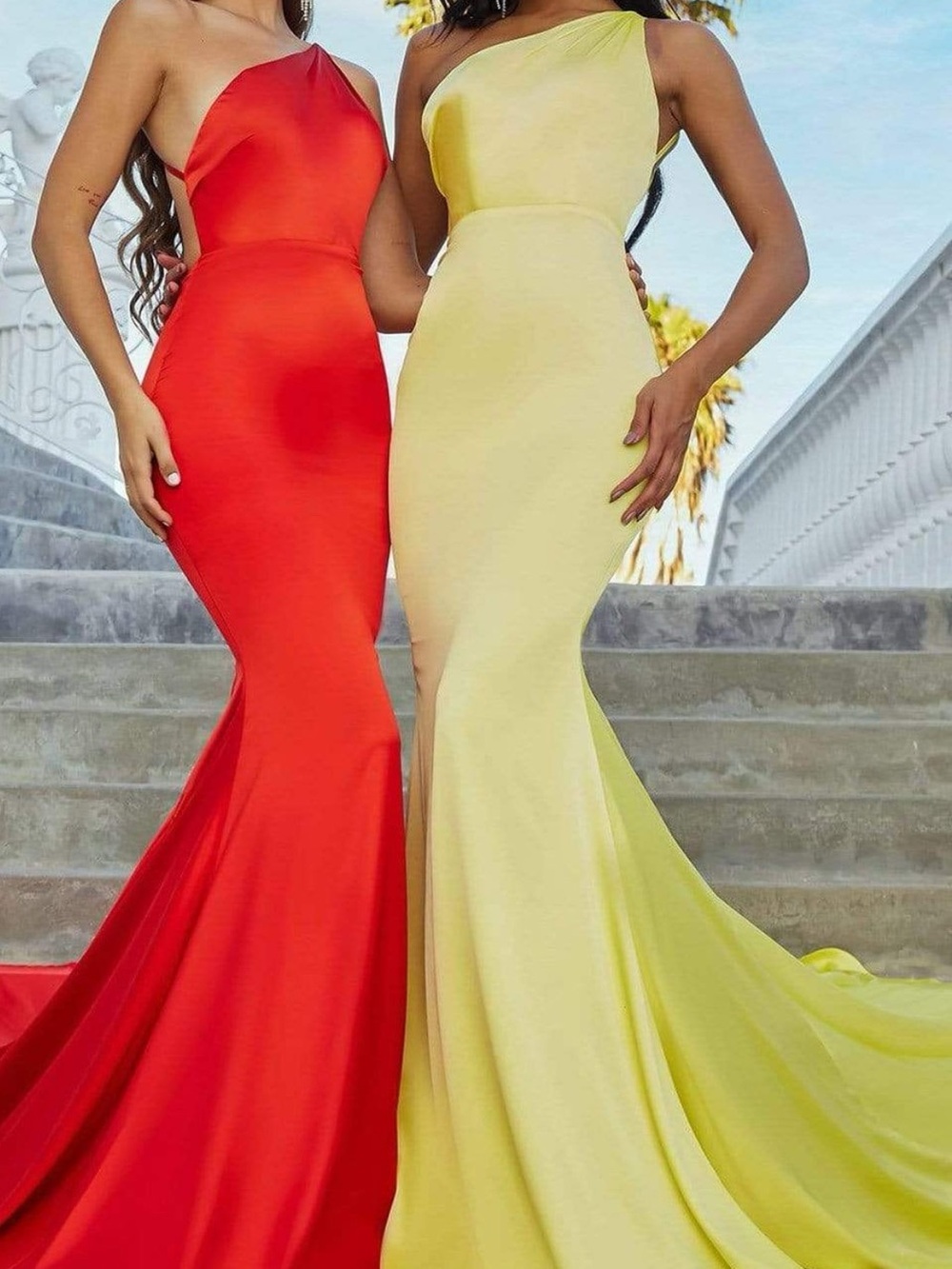 Elegant One-Shoulder Mermaid Dress in Red and Yellow